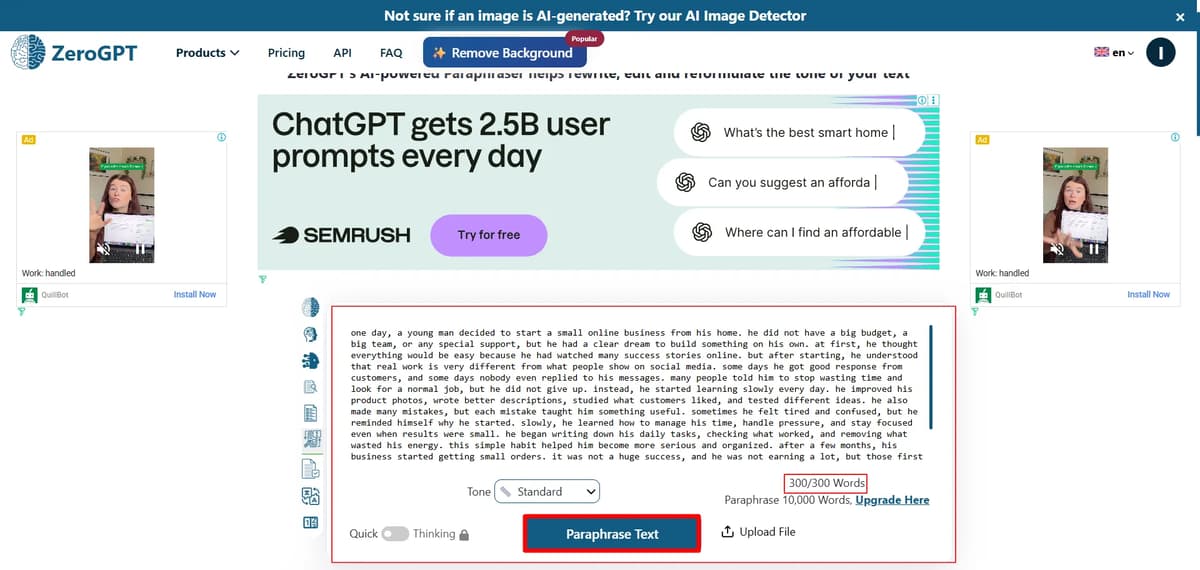 Screenshot of ZeroGPT paraphraser tool