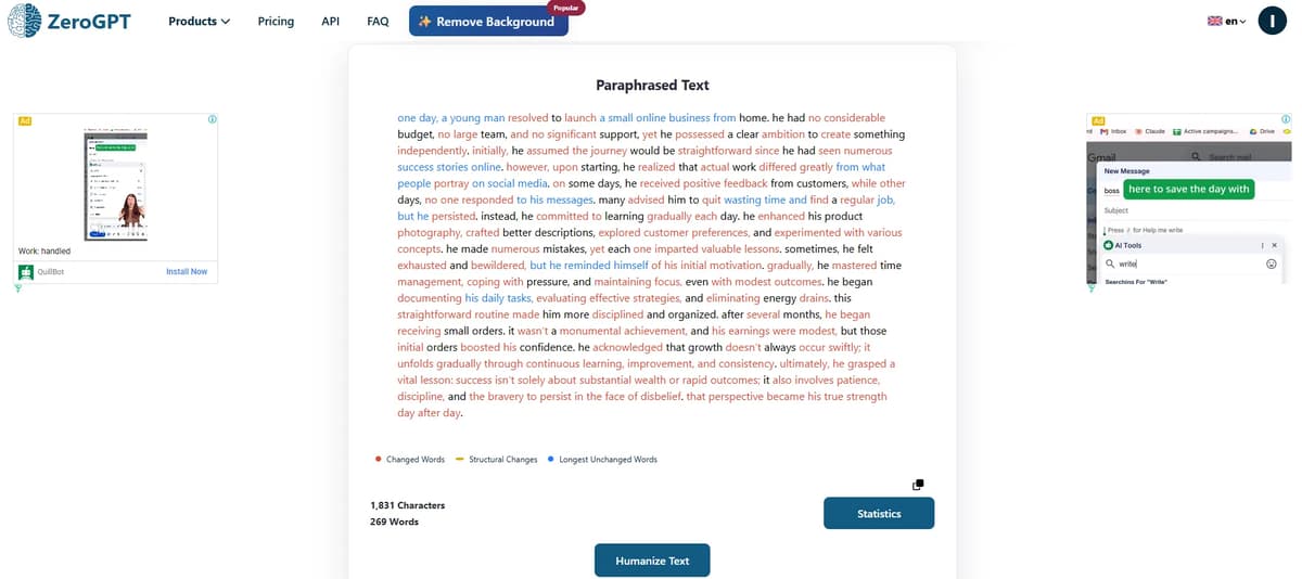 Screenshot of ZeroGPT paraphraser tool output