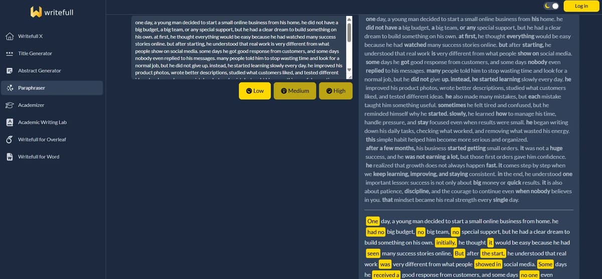 Screenshot of writefull paraphrasing tool output
