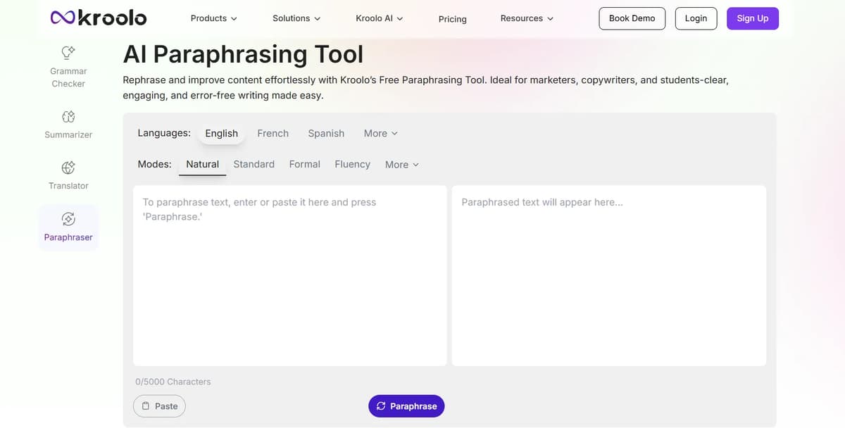 Screenshot of Kroolo AI Paraphrasing tool