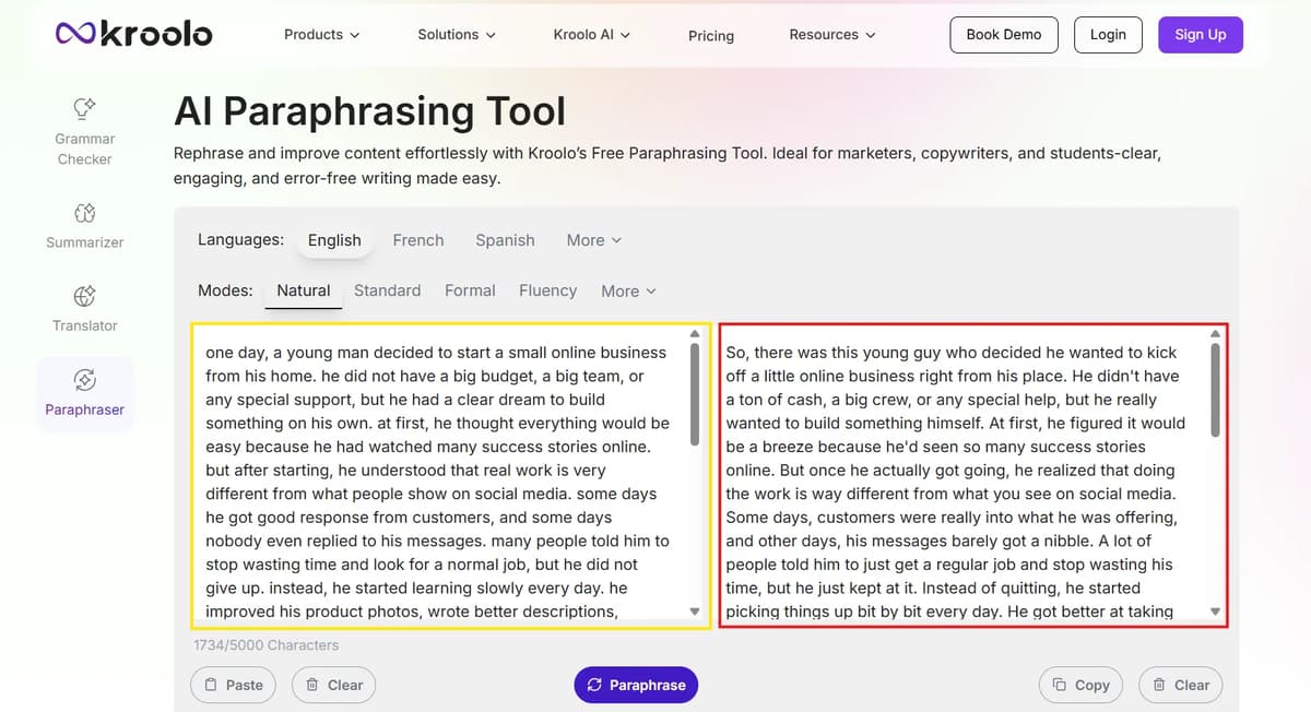 Screenshot of Kroolo AI Paraphrasing tool output