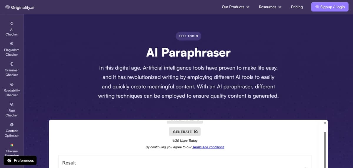 Screenshot of Originality.ai paraphraser tool