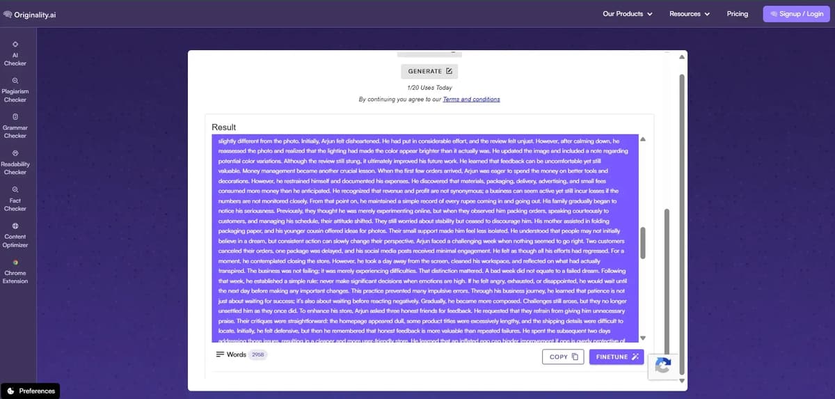 Screenshot of Originality.ai paraphraser tool output