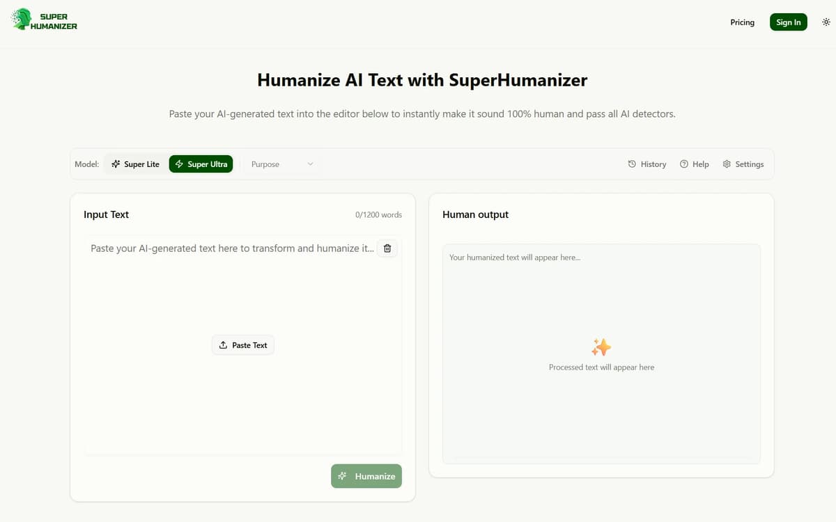 Screenshot of Super Humanizer's humanize tool workspace