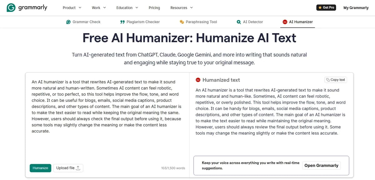 Screenshot of Grammarly humanizer tool output