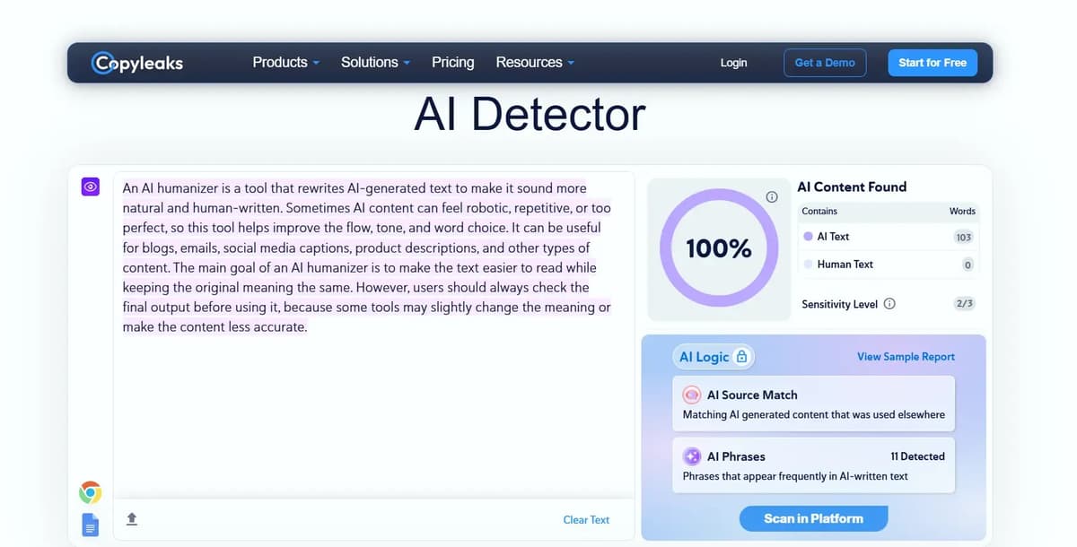 Screenshot of Copyleaks ai detector output (100% AI)