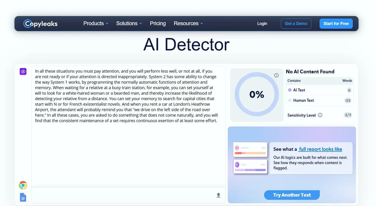 Screenshot of Copyleaks ai detector output (0% AI)