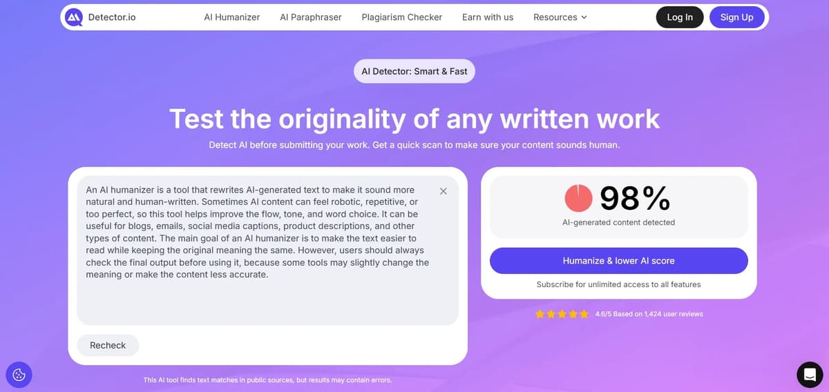 Screenshot of Detector.io's ai detector tool (98% AI)