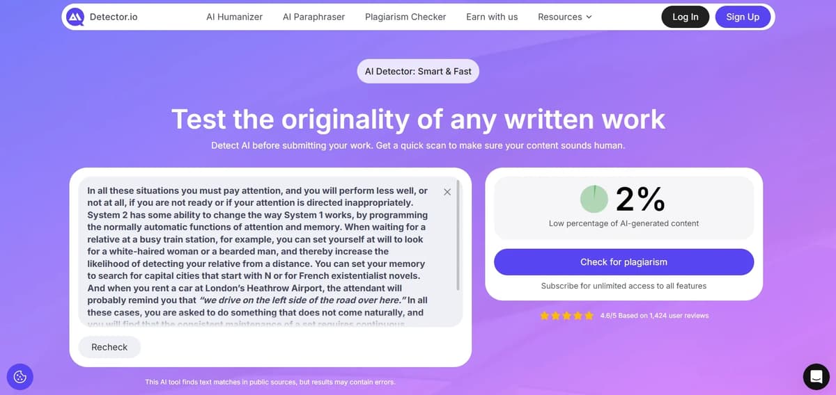 Screenshot of Detector.io's ai detector tool (2% AI)