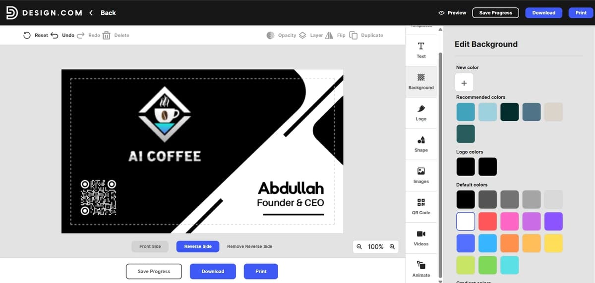 Screenshot of Design.com Business card output