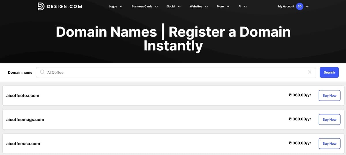 Screenshot of Design.com Domain list
