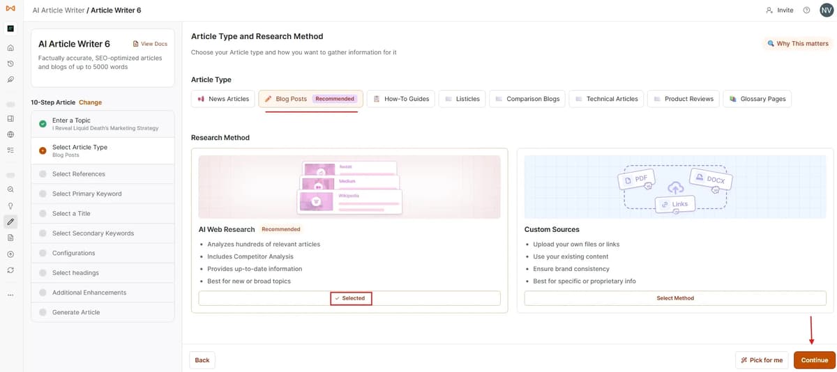 Writesonic's 10 Steps Article tool