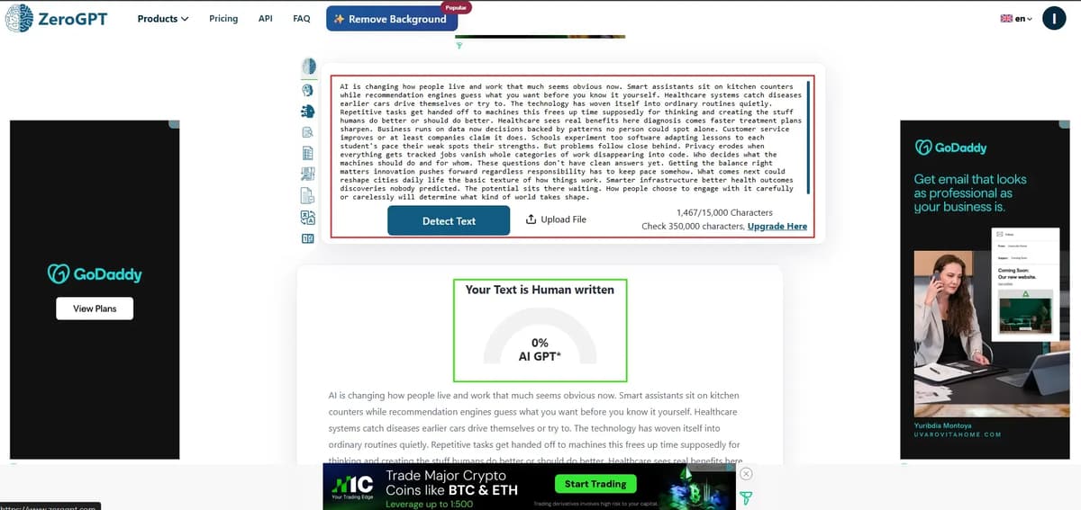 Screenshot showing ZeroGPT detecting the humanized content as 100% human-written