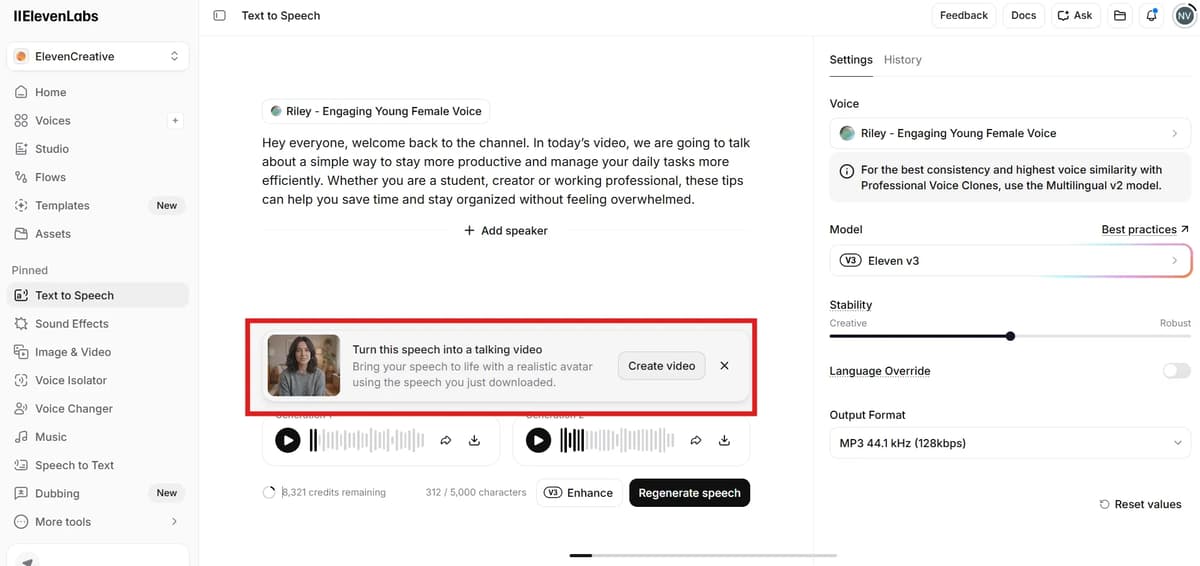 Screenshot of the ElevenLabs (Text-to-Speech) Interface