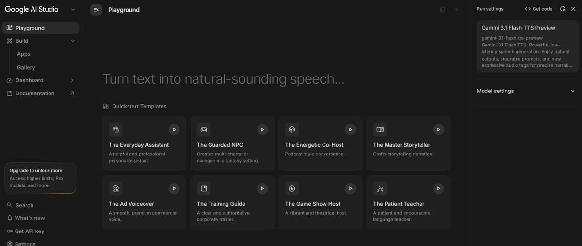 Screenshot of the Google AI Studio Speech and Music Playground Interface