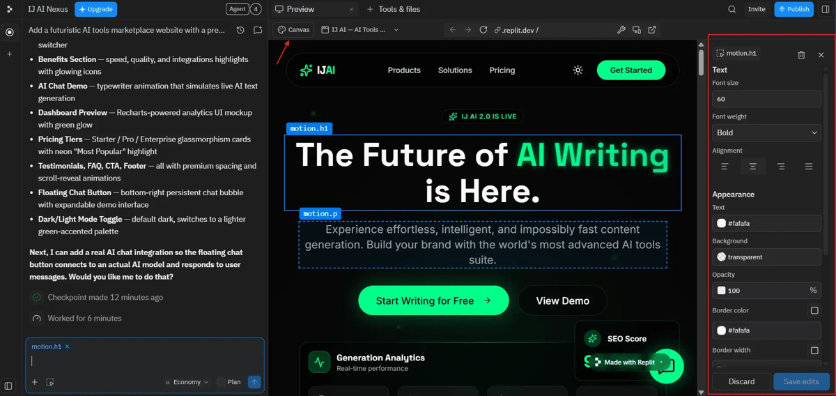 Screenshot Image of Customizing the AI-generated website layout, font style and borders using Replit's sidebar editing controls.