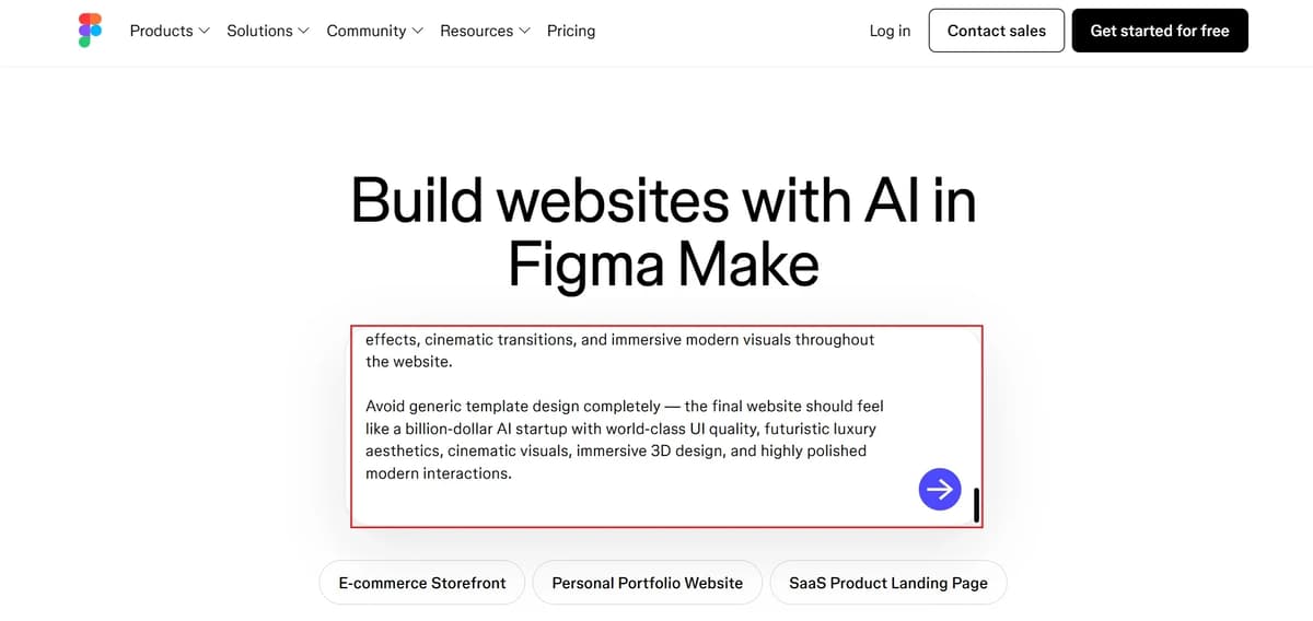 Screenshot Image of Figma AI website builder Homepage and prompt configuration interface