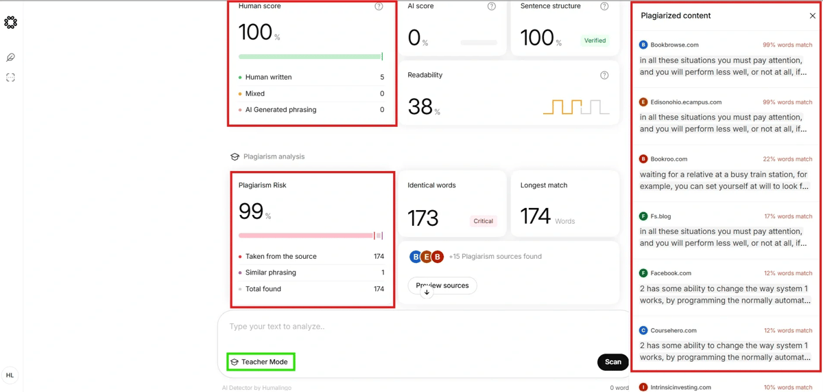 Screenshot of the Humalingo workflow showing the result detecting the content as 100% Human-written.