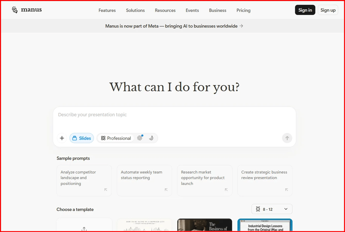 Screenshot Image of Manus AI Homepage Interface