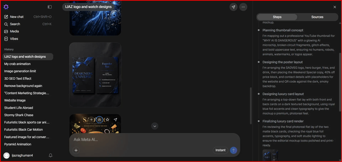Screenshot Image of Meta AI Workspace Area