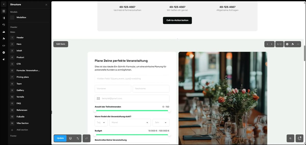 Onepage AI website builder interface with visual page editor and form layout.