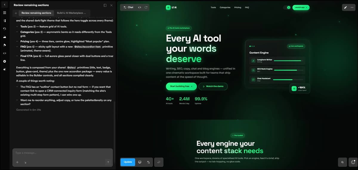 Onepage AI website builder interface with AI content tools and visual editor.