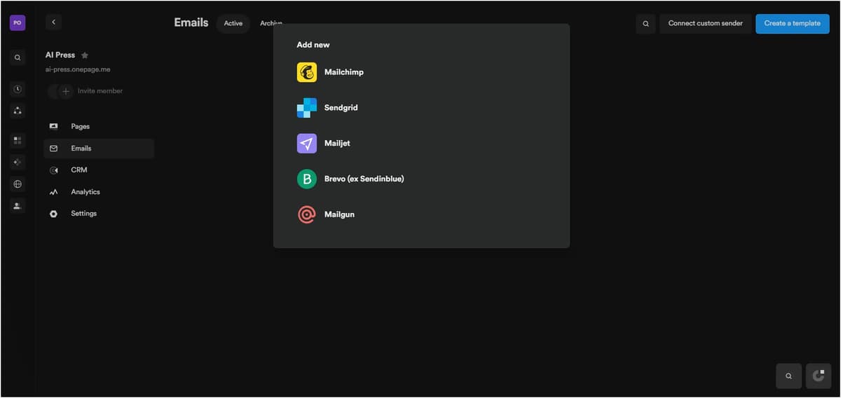 Onepage email integrations with Mailchimp, SendGrid, Mailjet, Brevo and Mailgun