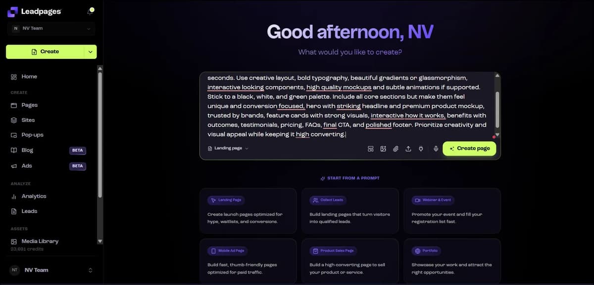 Leadpages AI landing page builder interface