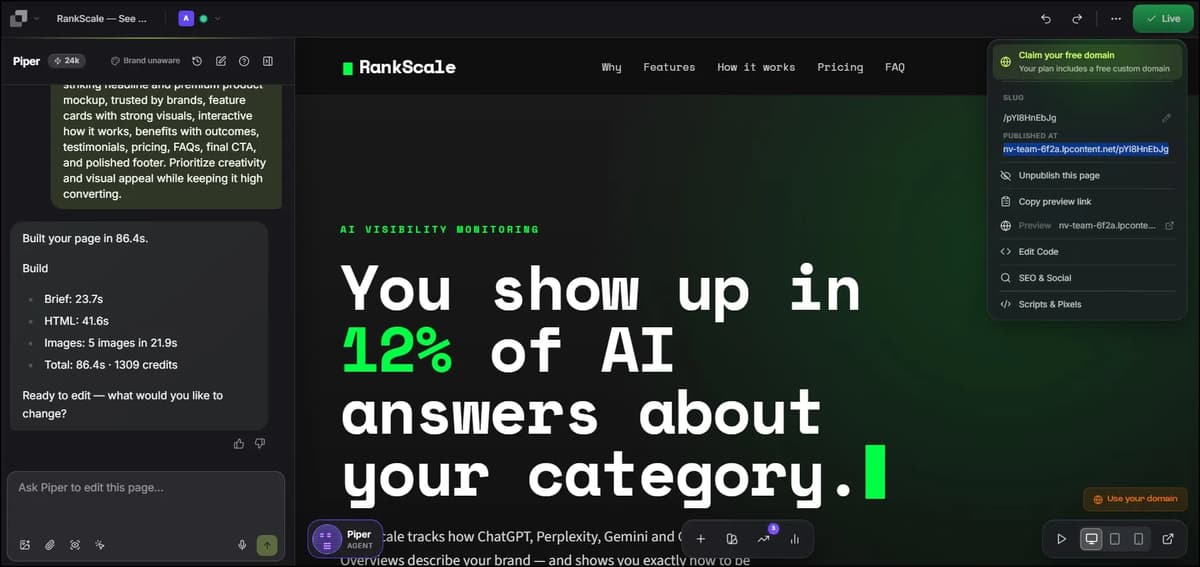 RankScale AI landing page in Leadpages