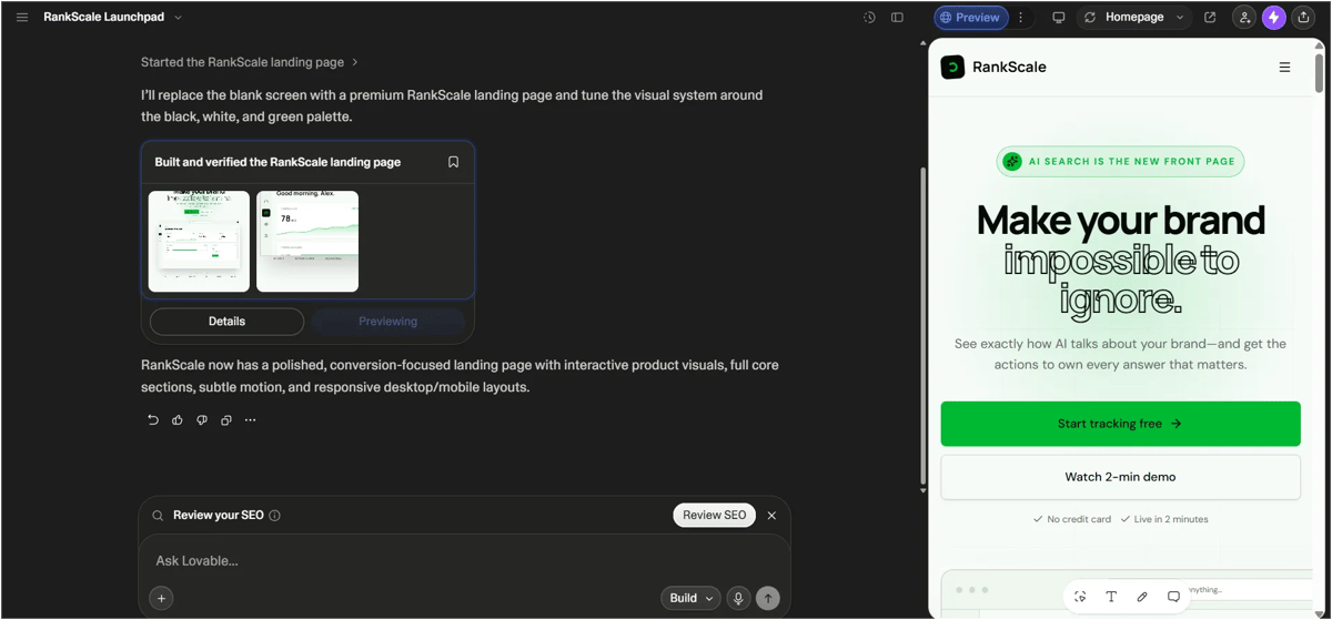 Lovable AI landing page builder generating a RankScale AI visibility website with a green and black design