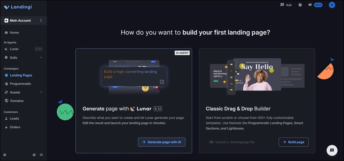 Landingi AI landing page builder options