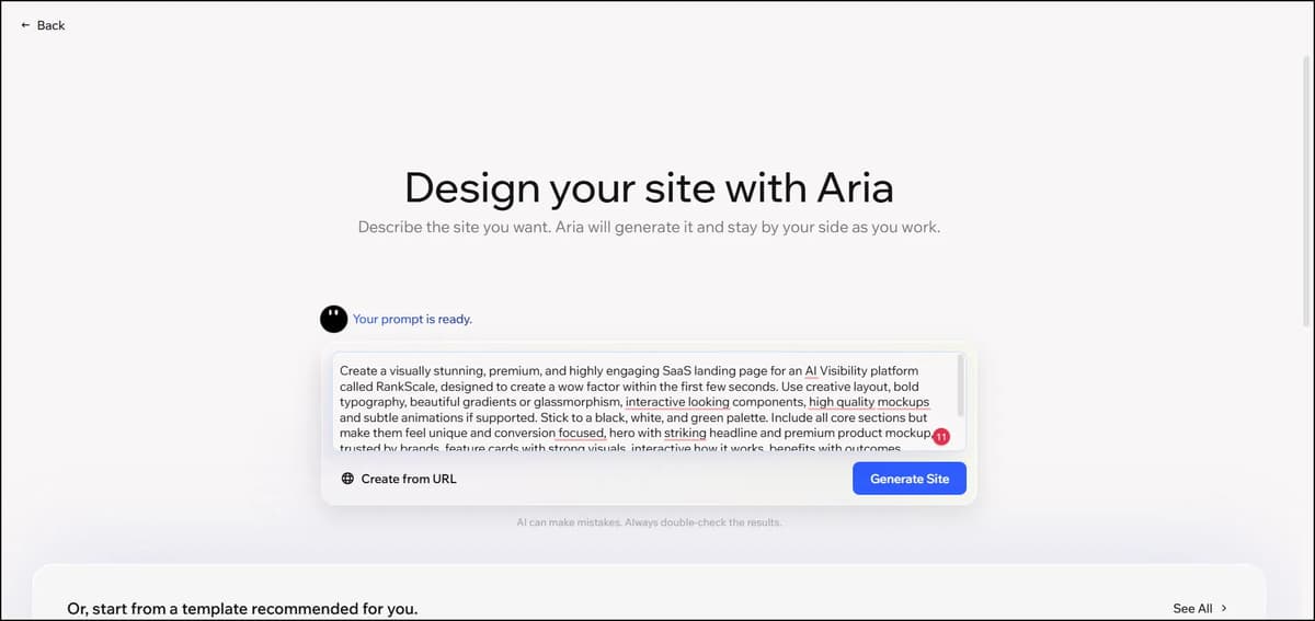 Wix AI website builder Aria interface