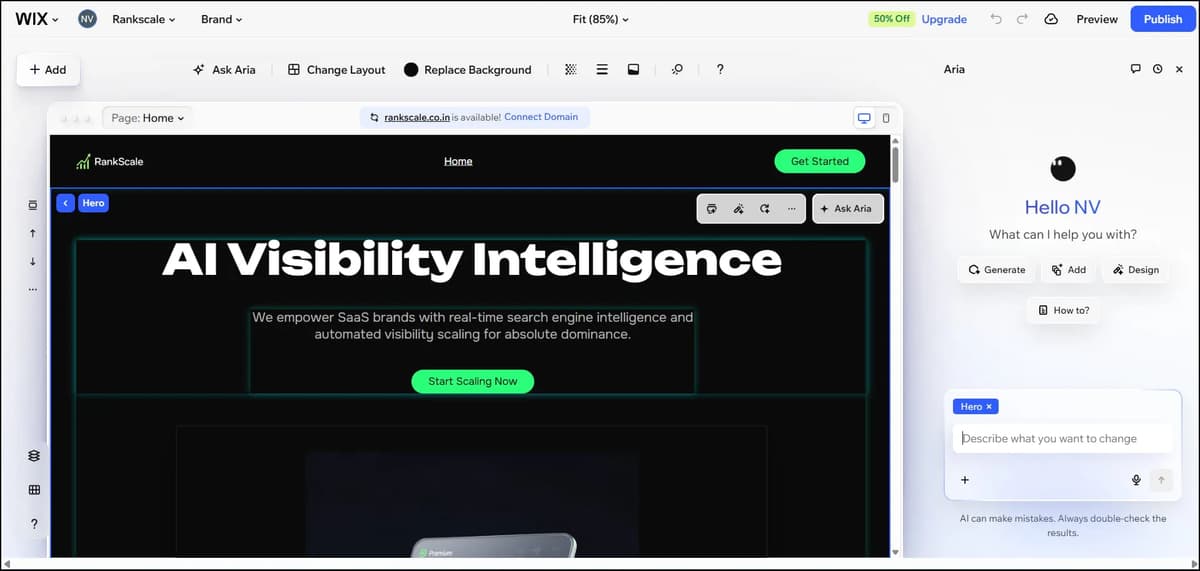 Wix AI landing page editor with RankScale website