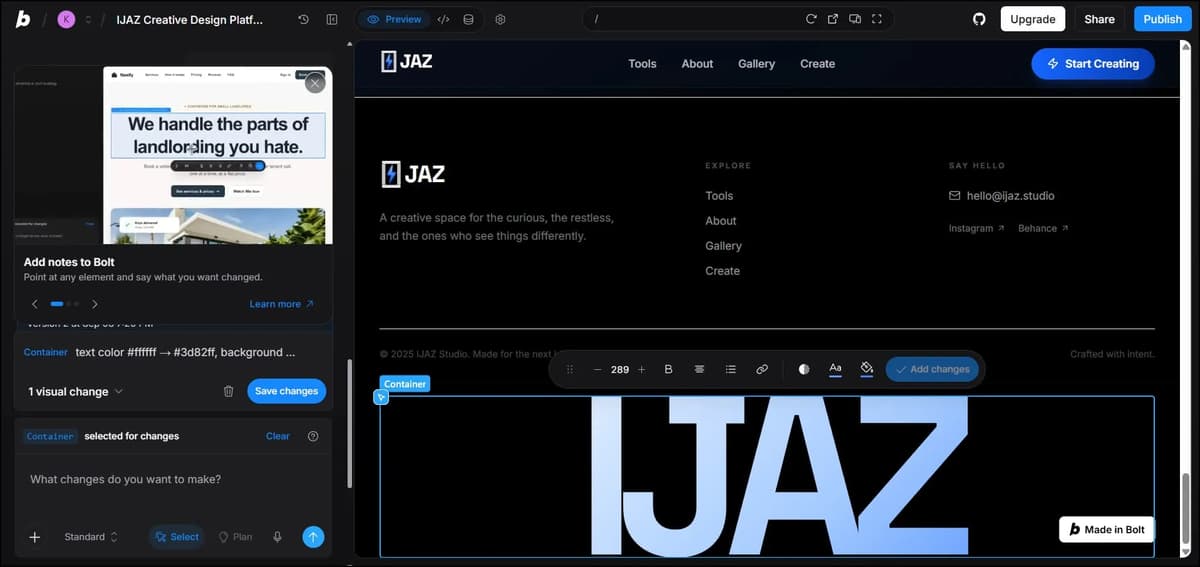 Bolt.new website editing interface