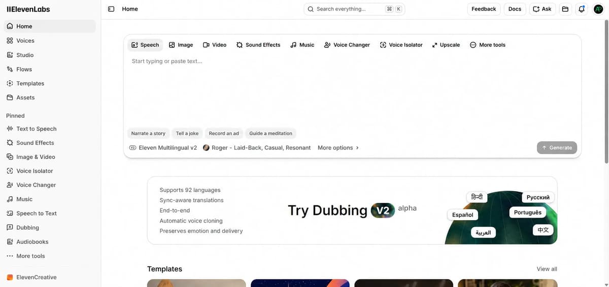 ElevenLabs dashboard and AI audio tools