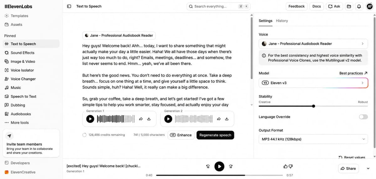 ElevenLabs text to speech voice generation interface