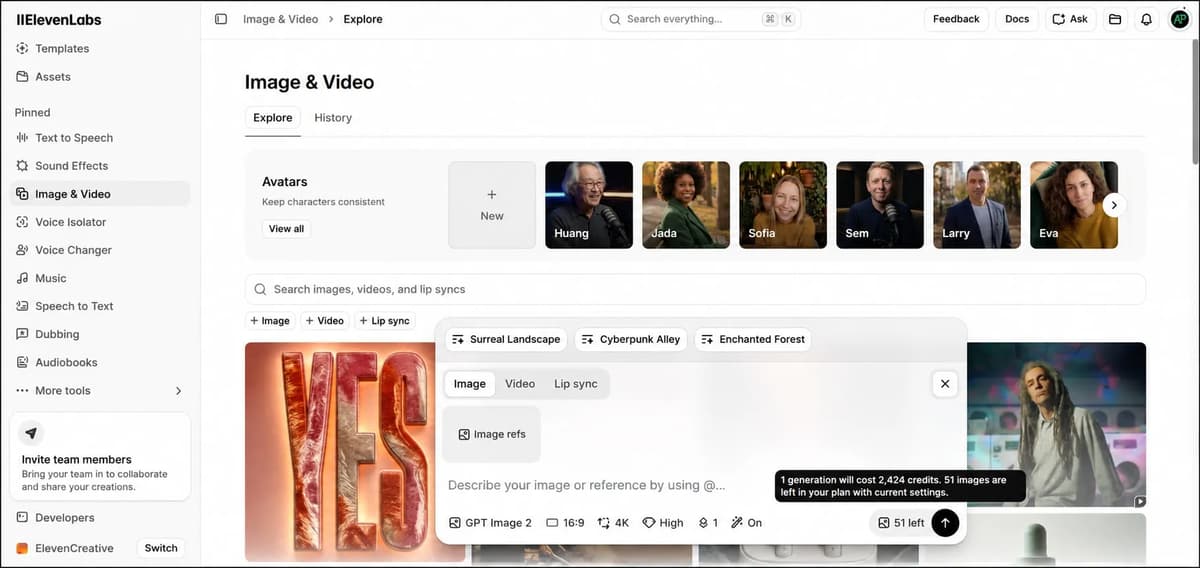 ElevenLabs image and video generation interface