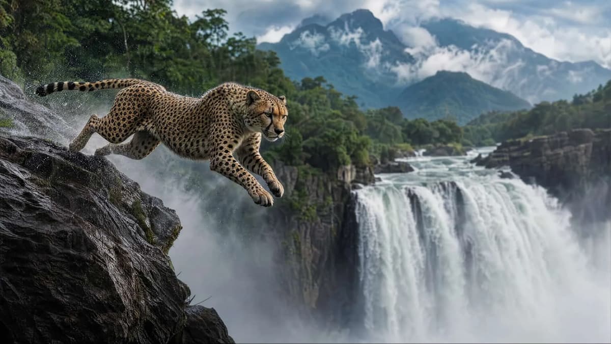 ElevenLabs AI-generated cheetah waterfall image