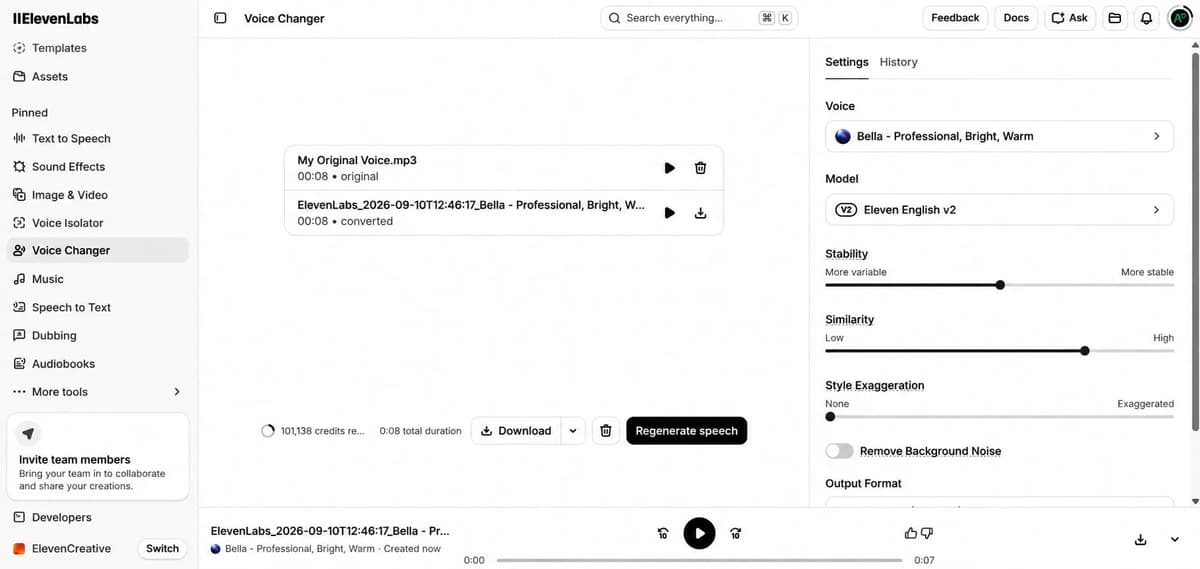 ElevenLabs voice changer interface