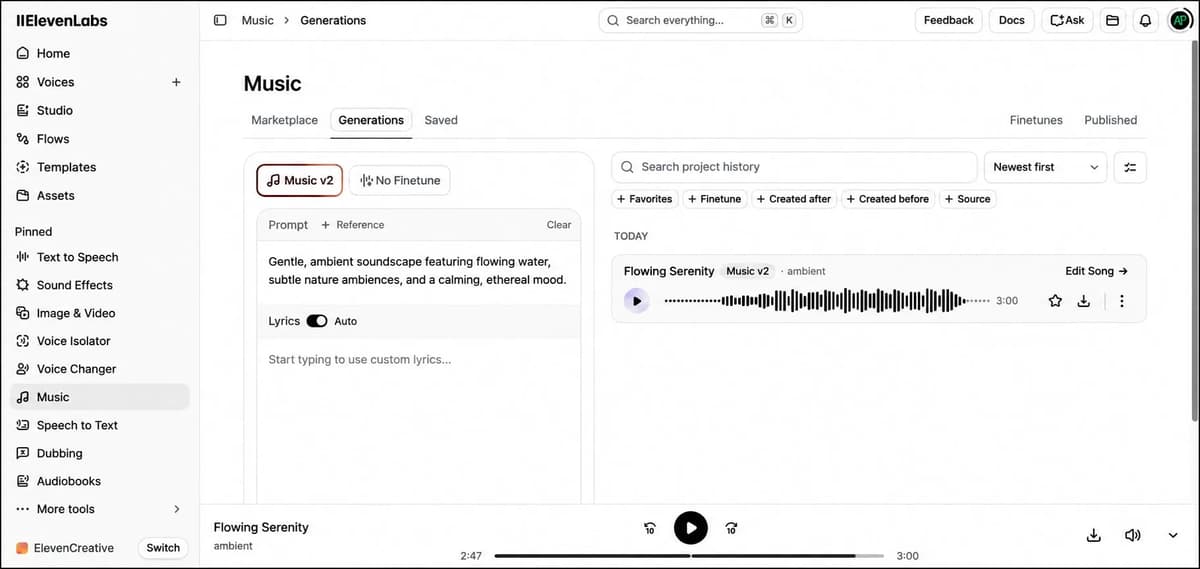 ElevenLabs AI music generation interface