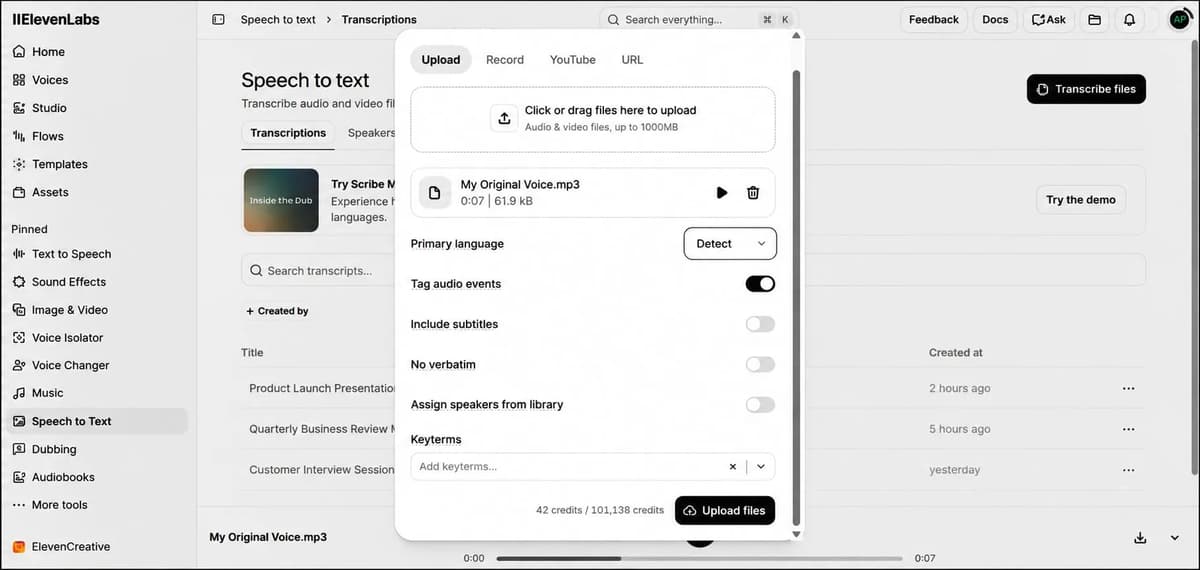 ElevenLabs speech to text upload interface