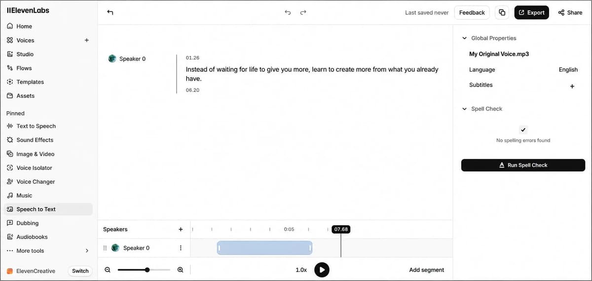 ElevenLabs speech to text transcription result