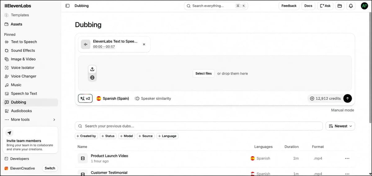 ElevenLabs AI dubbing interface