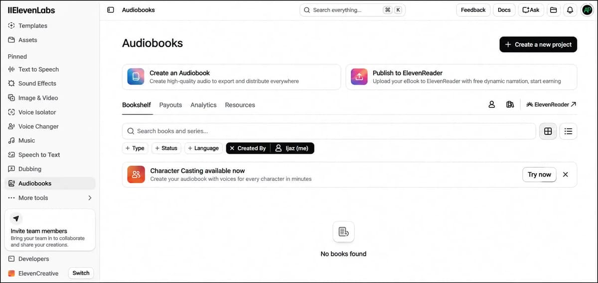 ElevenLabs audiobook creation interface