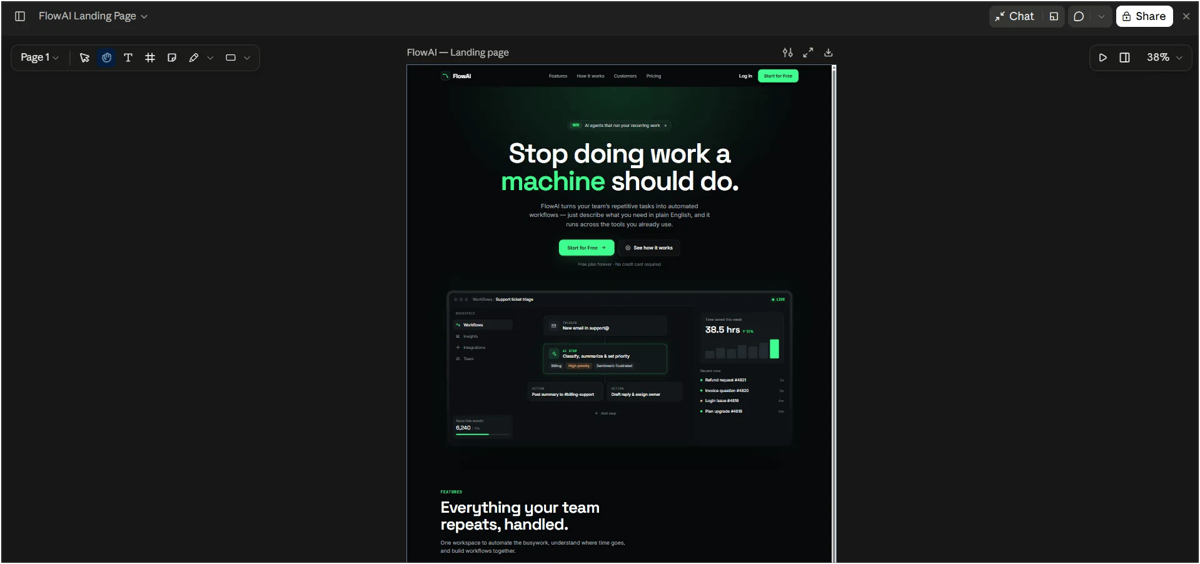 Claude Design canvas showing an AI-generated SaaS landing page mockup