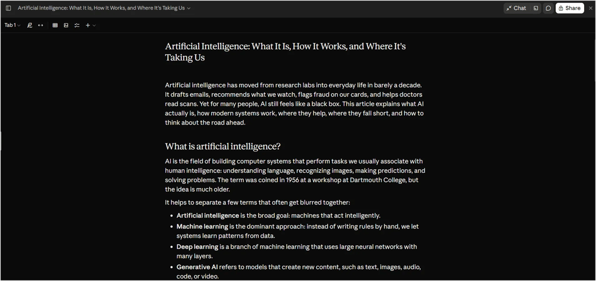 Claude Docs editor showing an AI-written article being edited inside Claude