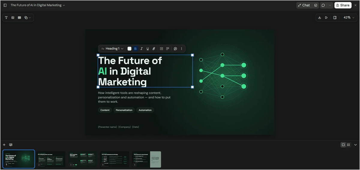 Claude Slides editor with an AI-generated “Future of AI in Digital Marketing” deck