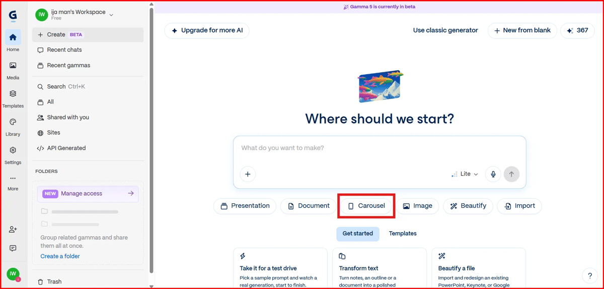 Gamma 5 home screen with the Carousel option highlighted