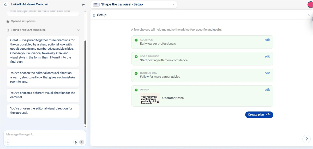 Gamma AI agent LinkedIn carousel setup with audience, CTA and design choices