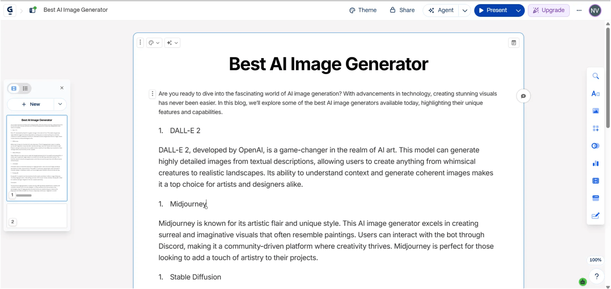 Gamma AI document editor showing a generated article on AI image generators